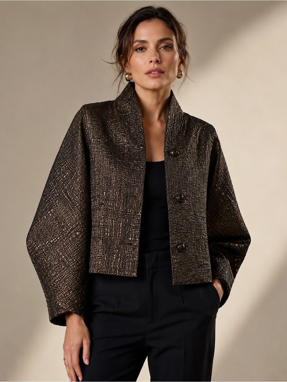 EUC W by Worth Bronze Metallic Crinkled Crop Bolero Style Dress Jacket - S